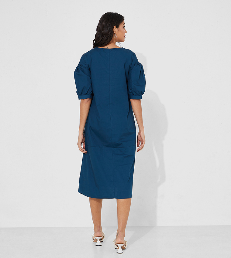 knee length navy blue casual dress Blue Work Dresses