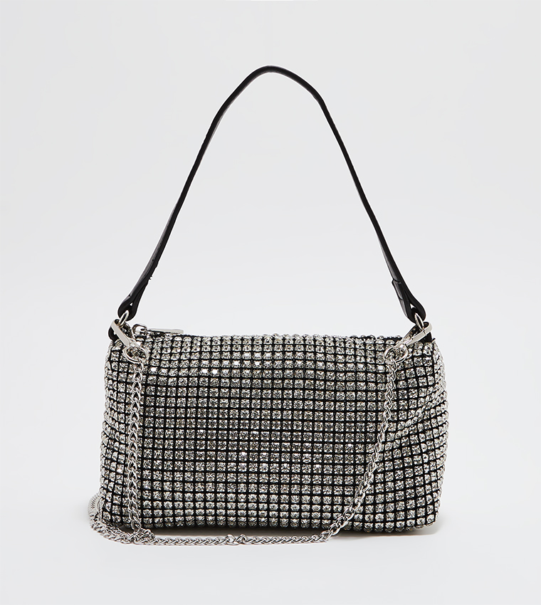 Stone Studded Zipper Closure Shoulder Bag