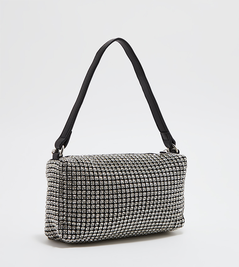 Stone Studded Zipper Closure Shoulder Bag