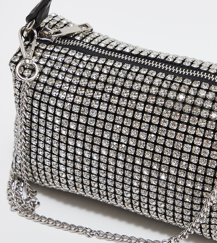 Stone Studded Zipper Closure Shoulder Bag