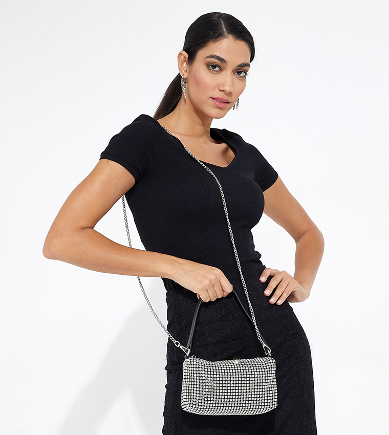Stone Studded Zipper Closure Shoulder Bag