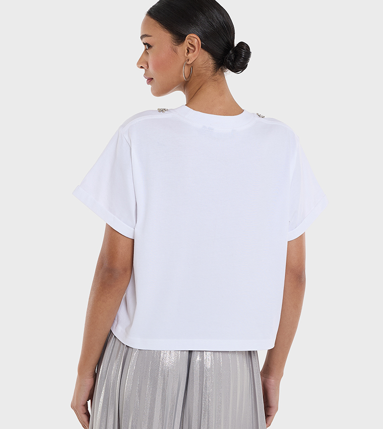 Rhinestone Crew Neck Crop T-Shirt