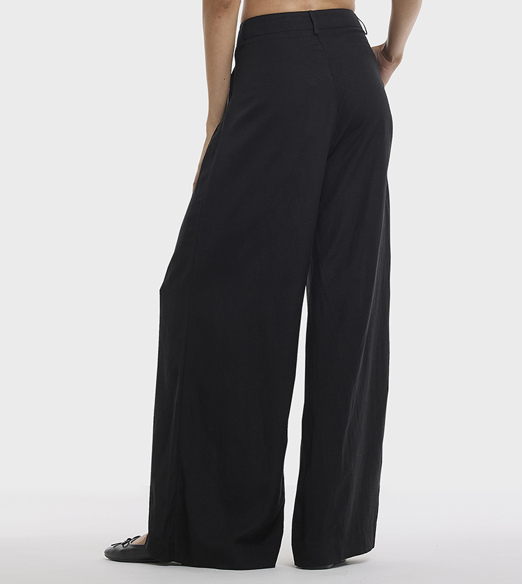 Solid Pleated Linen Wide Leg Trousers
