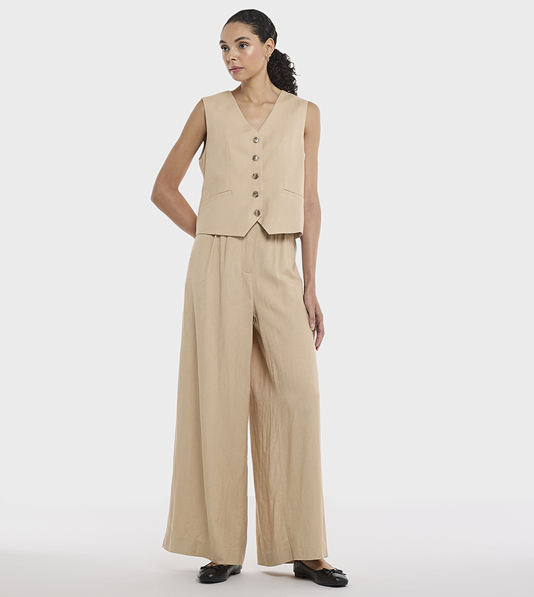 Solid Pleated Linen Wide Leg Trousers