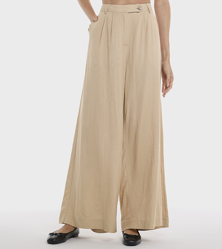 Solid Pleated Linen Wide Leg Trousers