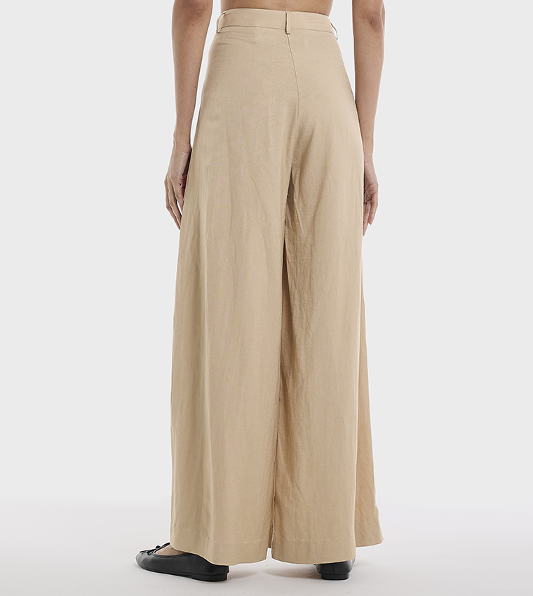Solid Pleated Linen Wide Leg Trousers