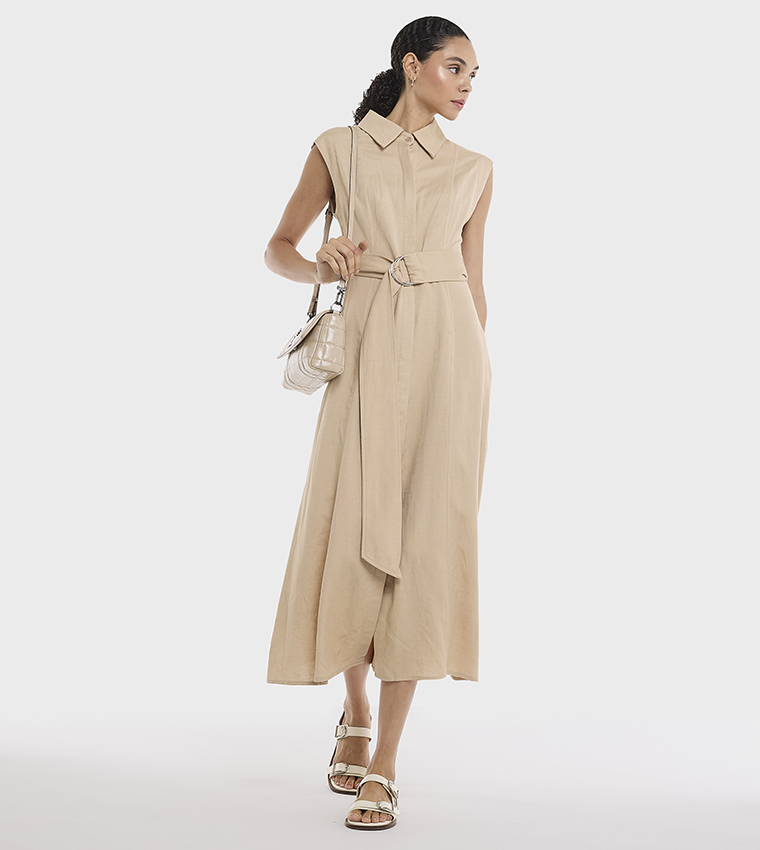 Belted Sleeveless Linen Shirt Dress