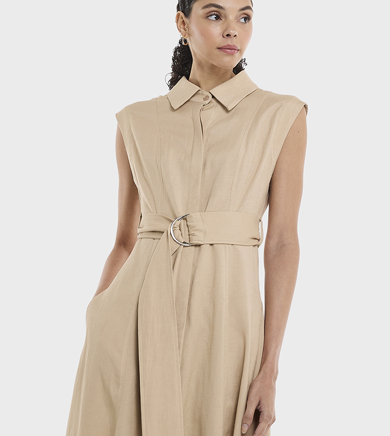 Belted Sleeveless Linen Shirt Dress
