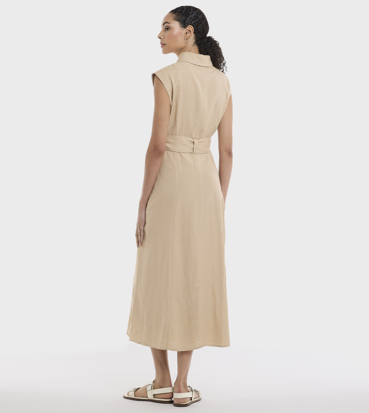 Belted Sleeveless Linen Shirt Dress