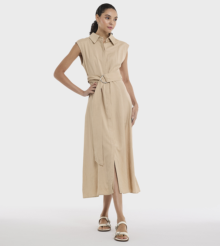 Belted Sleeveless Linen Shirt Dress