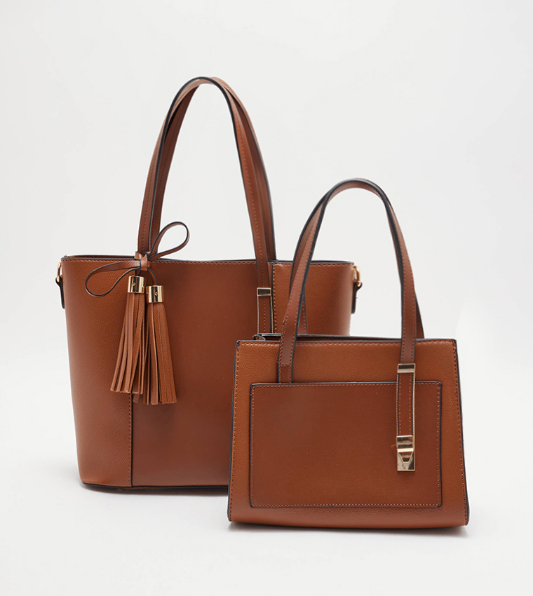 Buy Tyra Textured Tote Bag Set In Brown | 6thStreet Kuwait