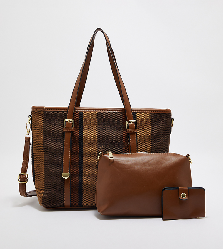 Striped Woven Tote Bag Set