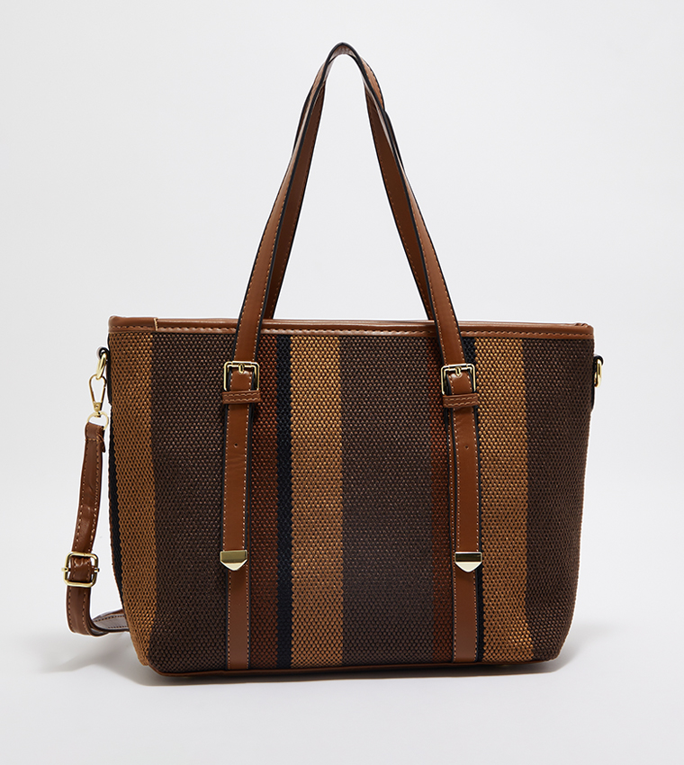 Striped Woven Tote Bag Set