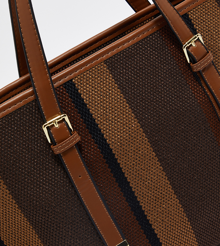Striped Woven Tote Bag Set