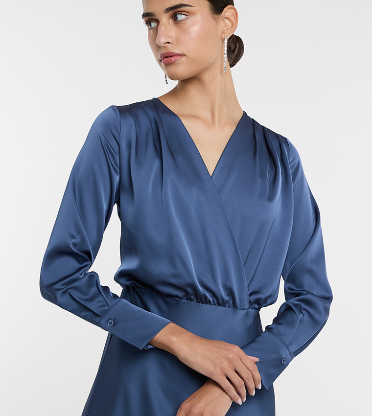 Solid Satin Wrap Dress 