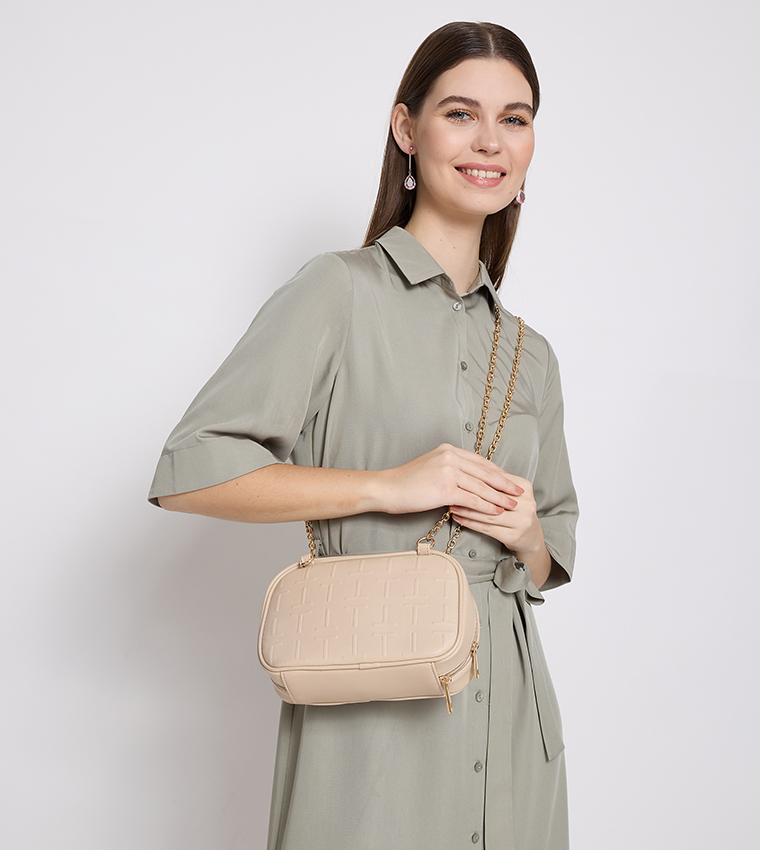 Textured Chain Handle Cross Body Bag