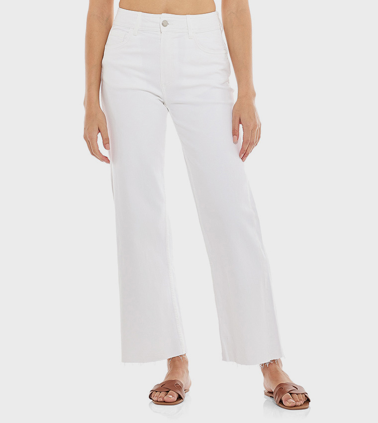 Solid Wide Leg Jeans with Button Closure