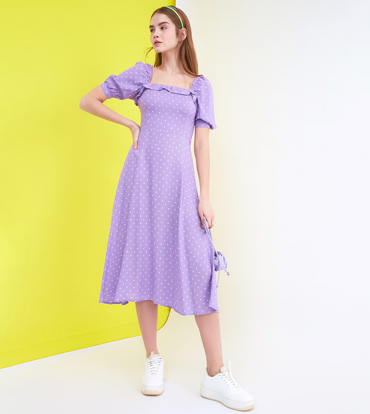 Short Sleeves Polka Dots Midi Dress