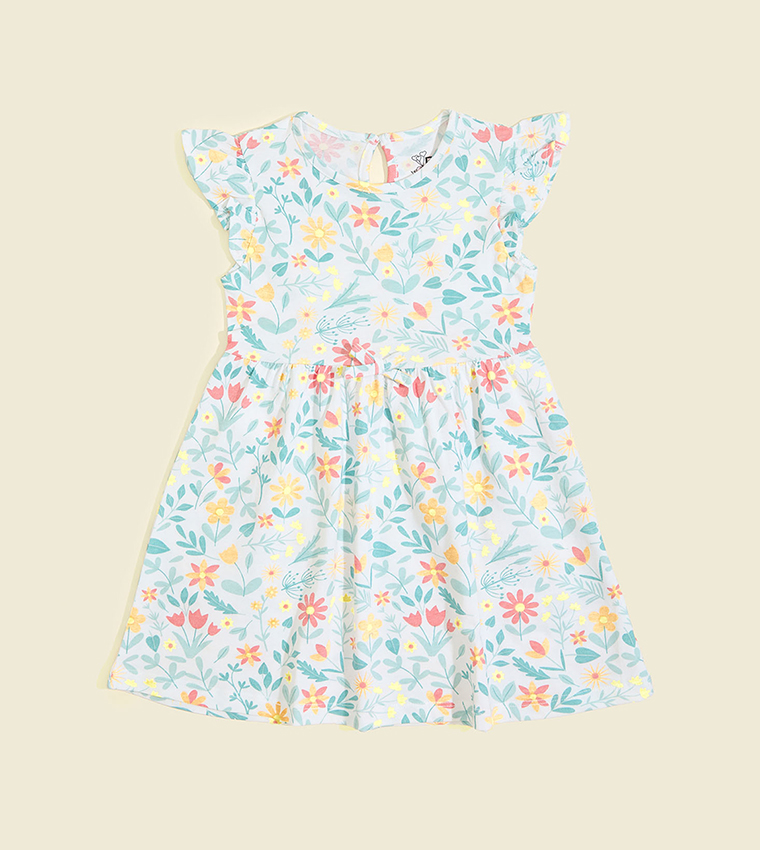 Floral Printed Flared Dress with Ruffle Sleeves