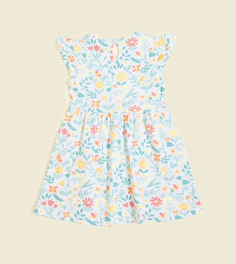 Floral Printed Flared Dress with Ruffle Sleeves
