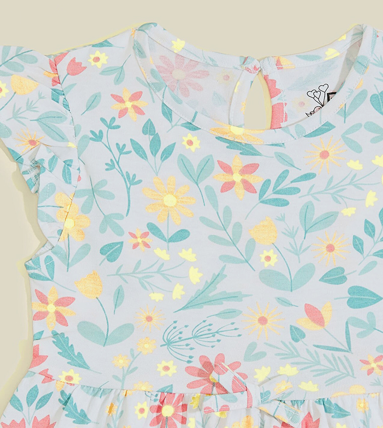 Floral Printed Flared Dress with Ruffle Sleeves