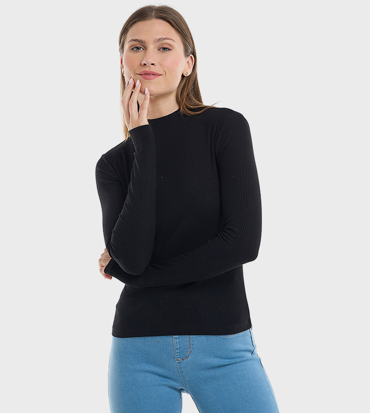 Ribbed Top with Mock Neck and Long Sleeves