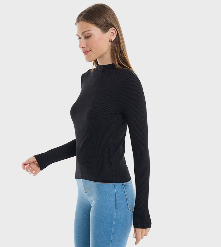 Ribbed Top with Mock Neck and Long Sleeves
