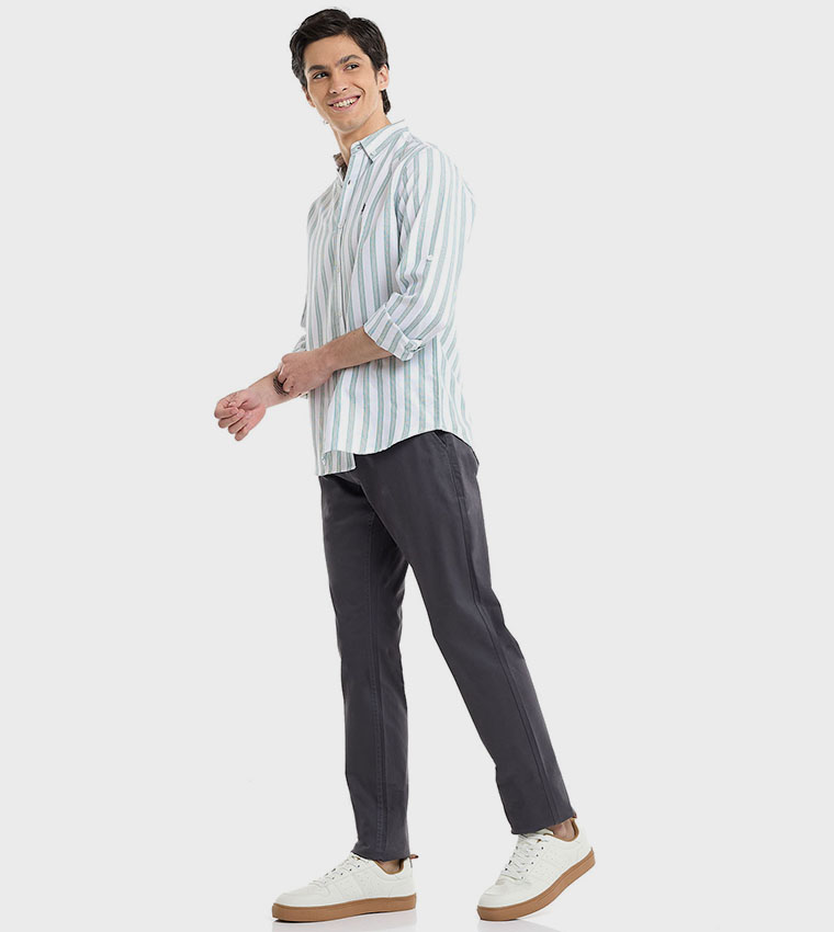 Solid Slim Fit Trousers with Button Closure