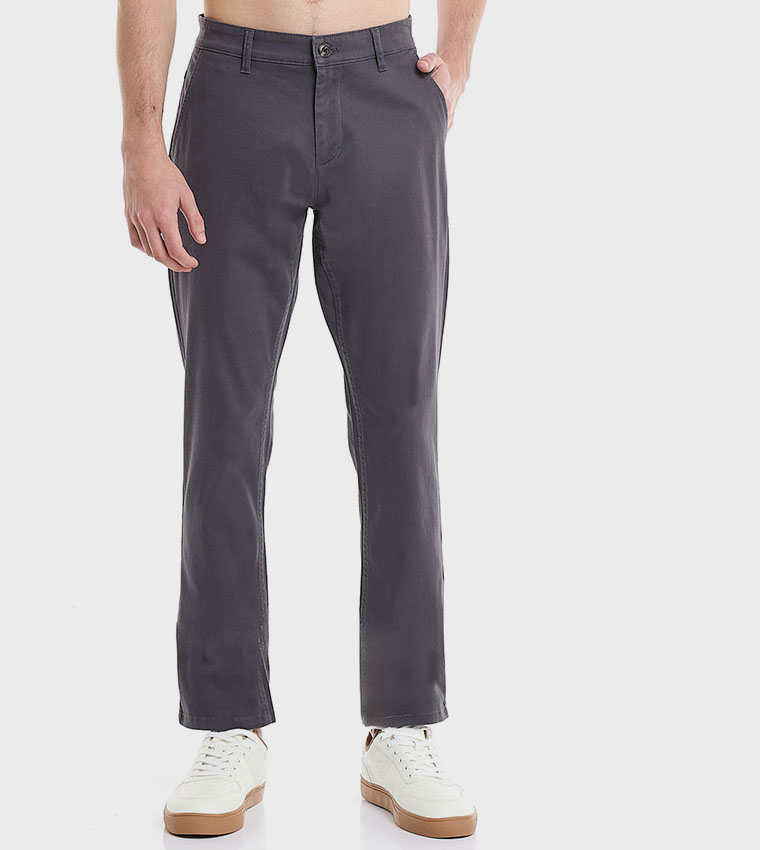 Solid Slim Fit Trousers with Button Closure