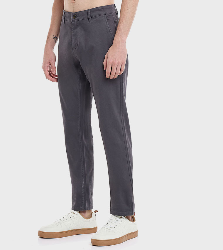 Solid Slim Fit Trousers with Button Closure