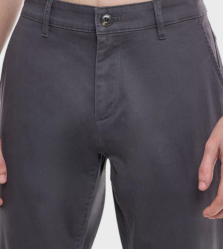 Solid Slim Fit Trousers with Button Closure