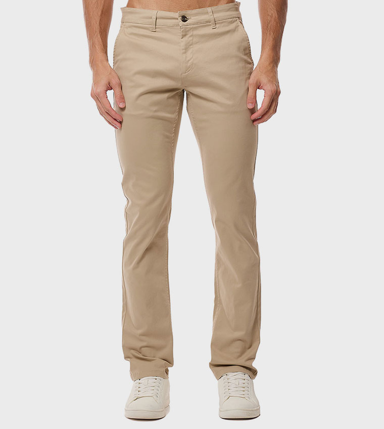 Solid Slim Fit Trousers with Button Closure