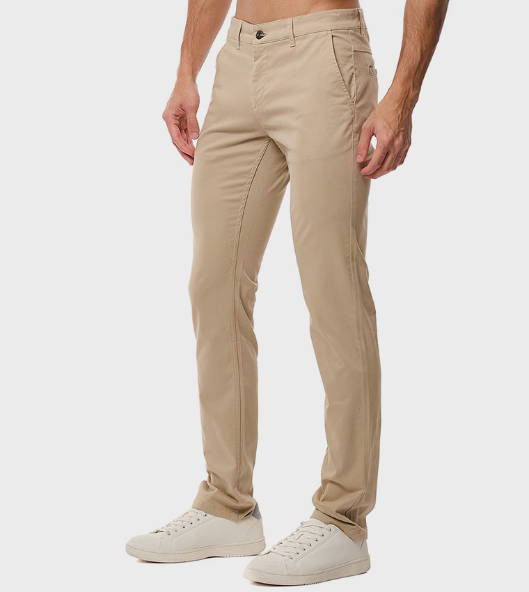 Solid Slim Fit Trousers with Button Closure