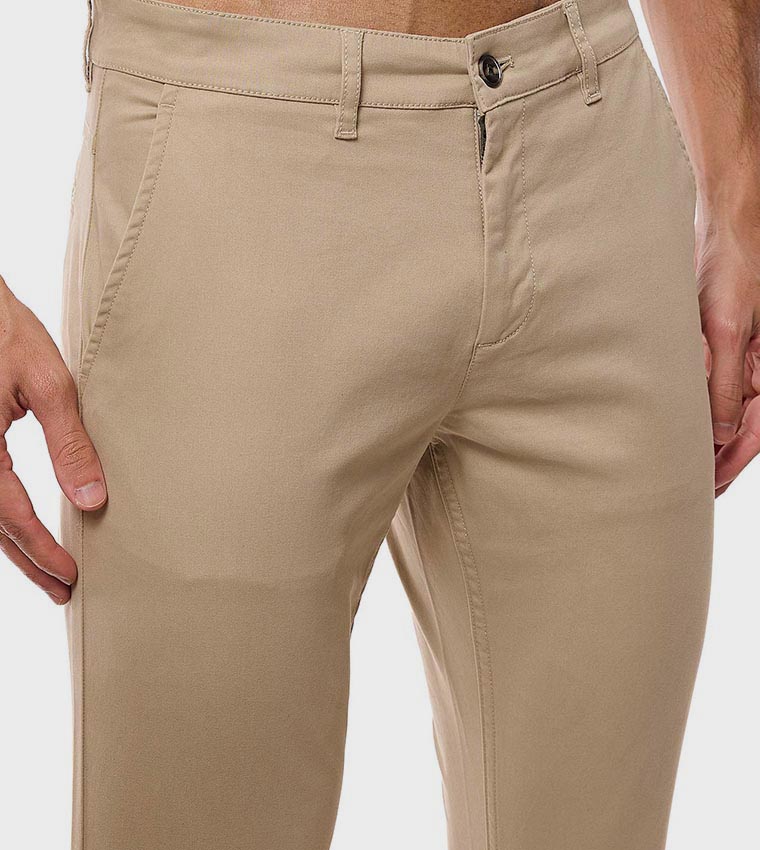 Solid Slim Fit Trousers with Button Closure