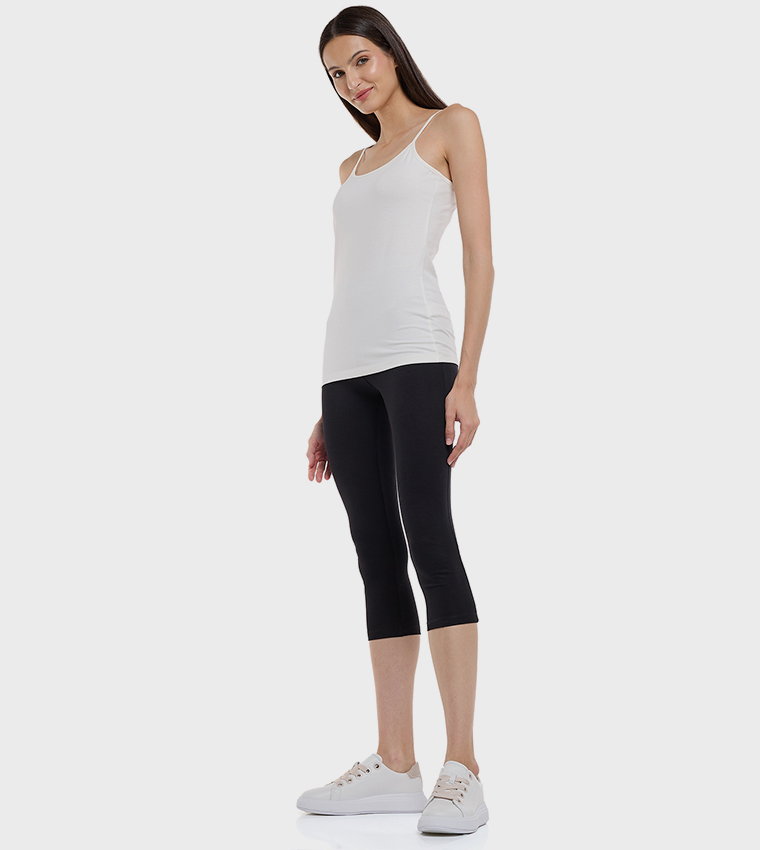 Solid 3/4 Leggings with Elastic Waist
