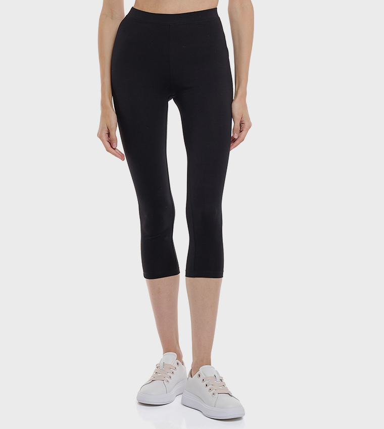 Solid 3/4 Leggings with Elastic Waist