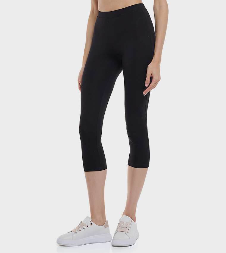Solid 3/4 Leggings with Elastic Waist