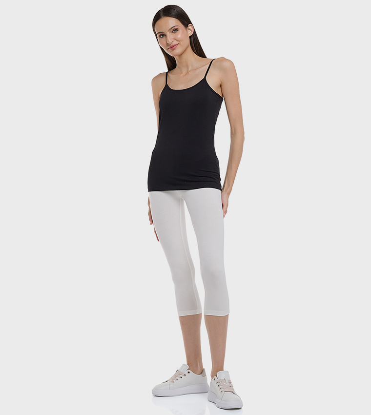 Solid 3/4 Leggings with Elastic Waist