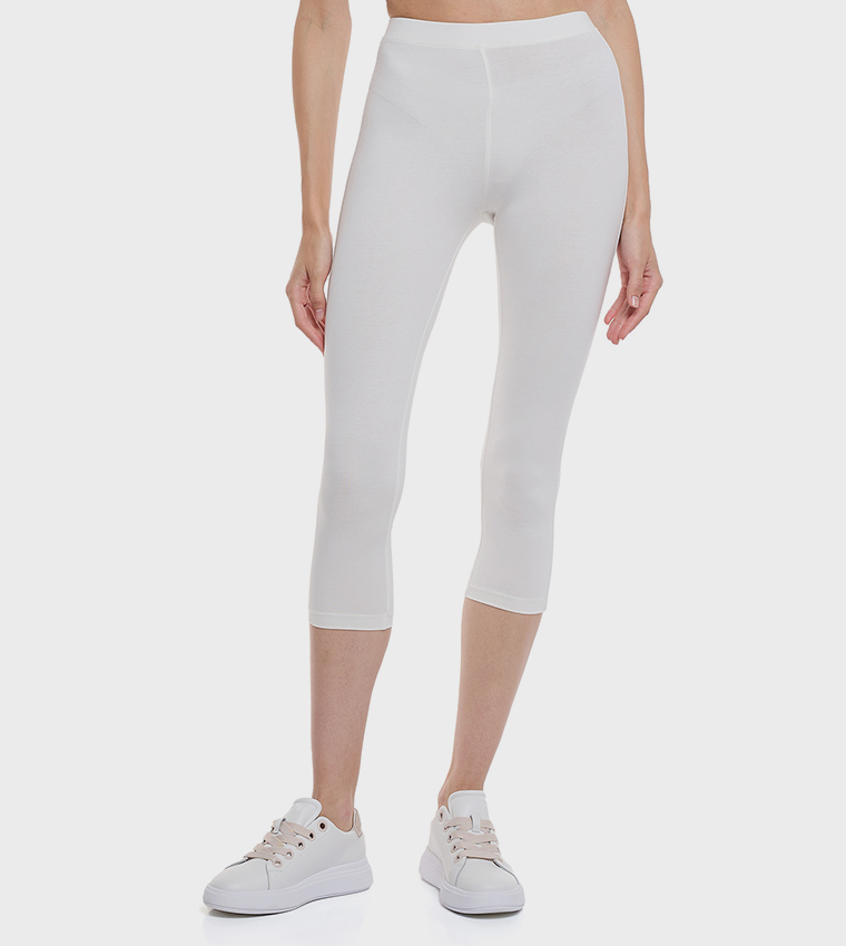 Solid 3/4 Leggings with Elastic Waist