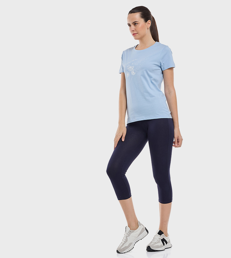 Solid 3/4 Leggings with Elastic Waist