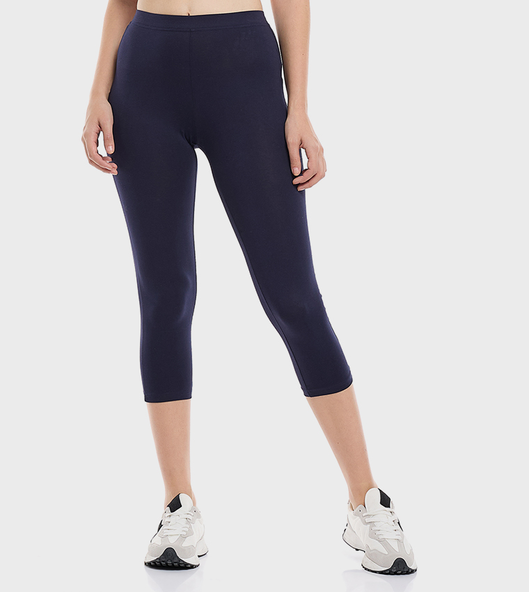 Solid 3/4 Leggings with Elastic Waist