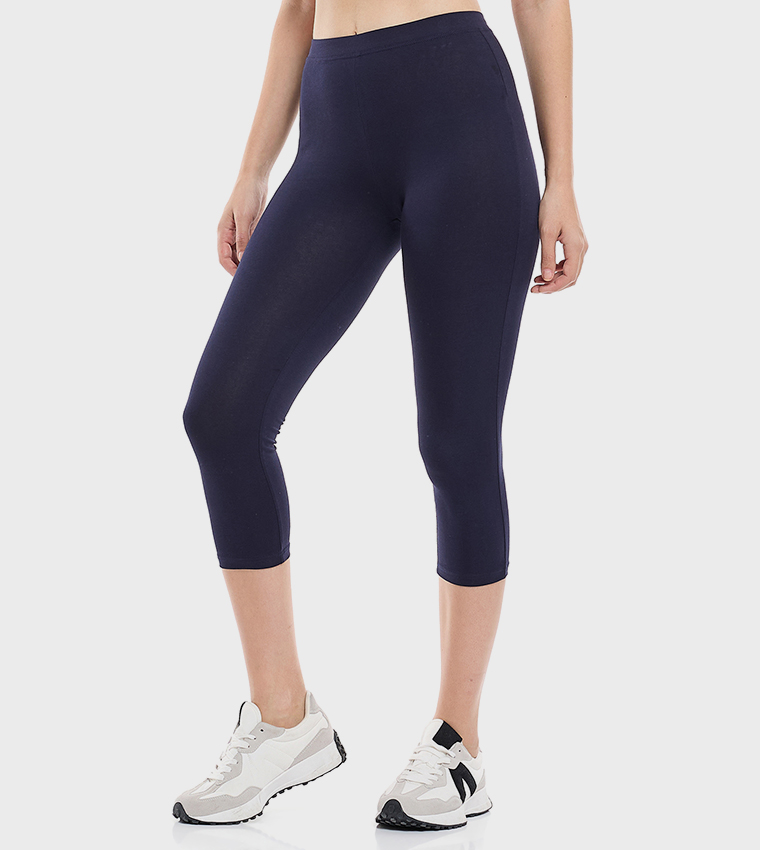 Solid 3/4 Leggings with Elastic Waist