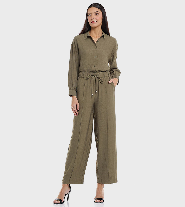 Solid Wide Leg Pants with Drawstring Waist