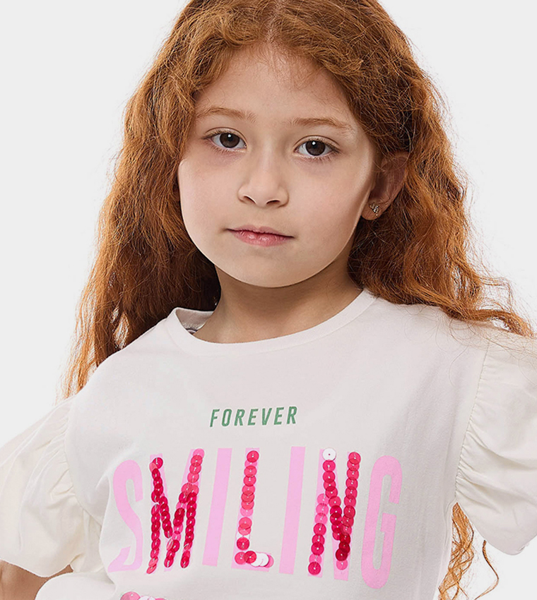 Sequined T-Shirt with Crew Neck and Short Sleeves