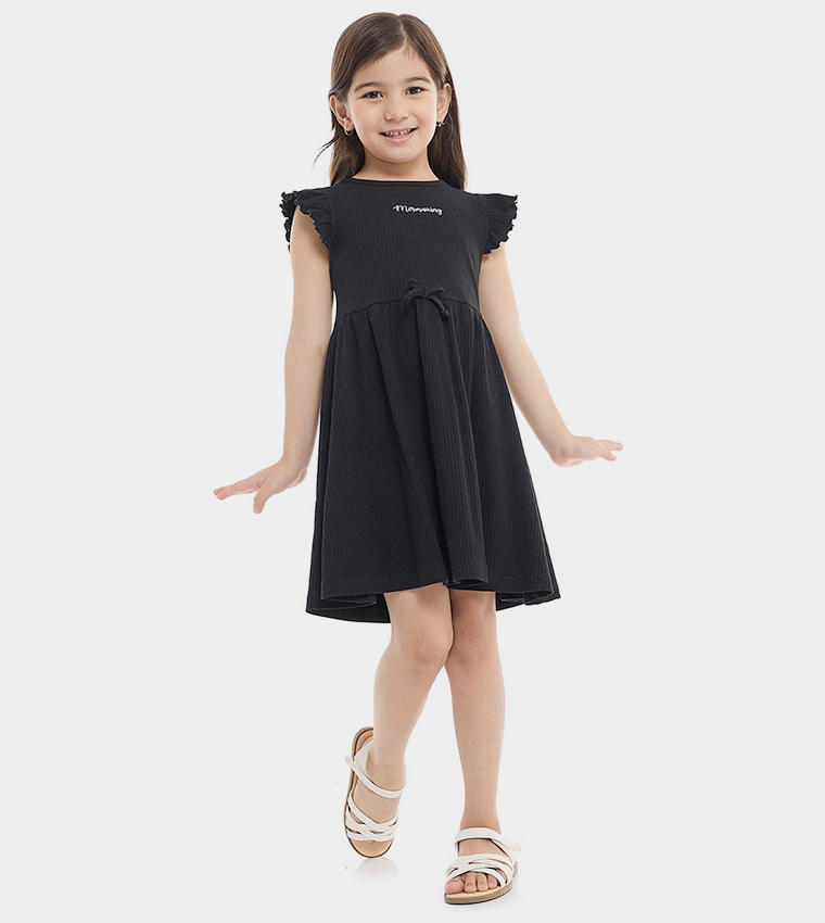 Ribbed Fit and Flare Dress with Crew Neck and Flutter Sleeves