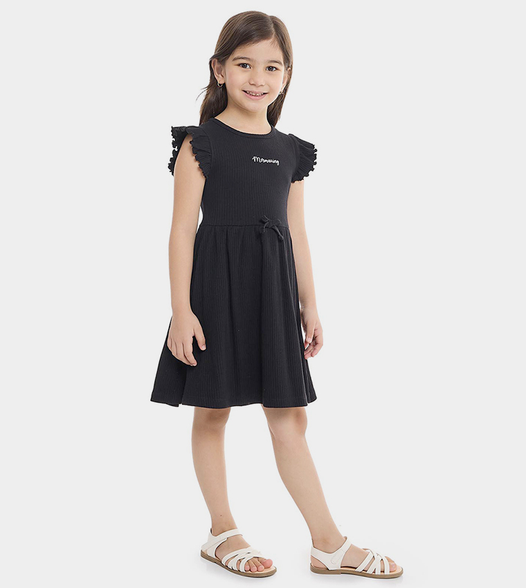 Ribbed Fit and Flare Dress with Crew Neck and Flutter Sleeves