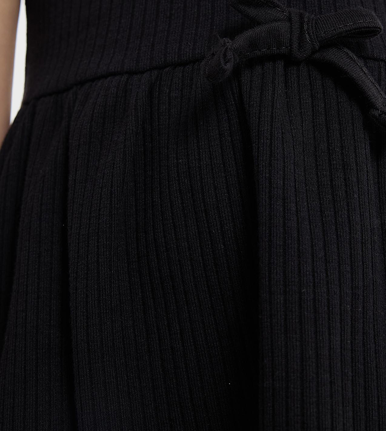 Ribbed Fit and Flare Dress with Crew Neck and Flutter Sleeves