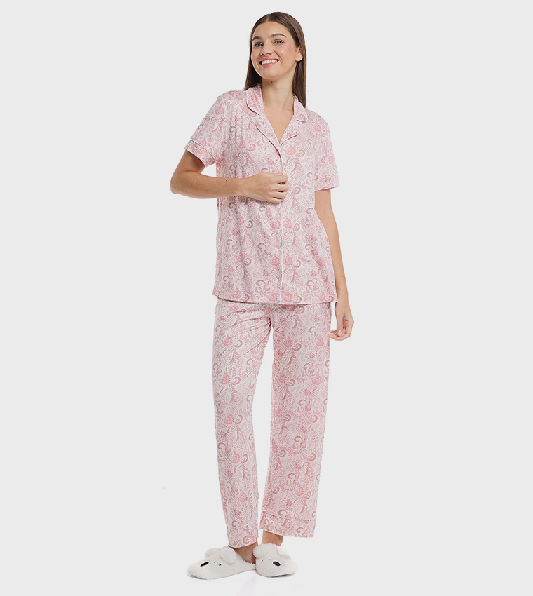 Printed Lapel Collar Pyjama Set