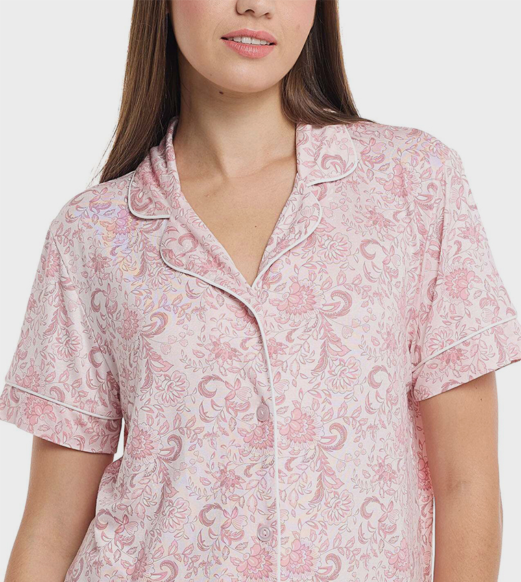 Printed Lapel Collar Pyjama Set