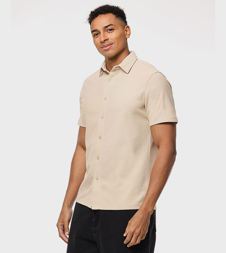 Textured Shirt with Classic Collar and Short Sleeves